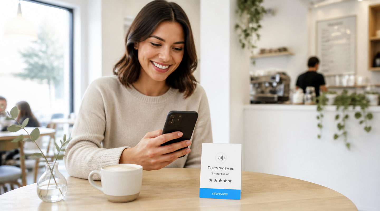 Kunde hält Handy an eine Revly Google Review Card