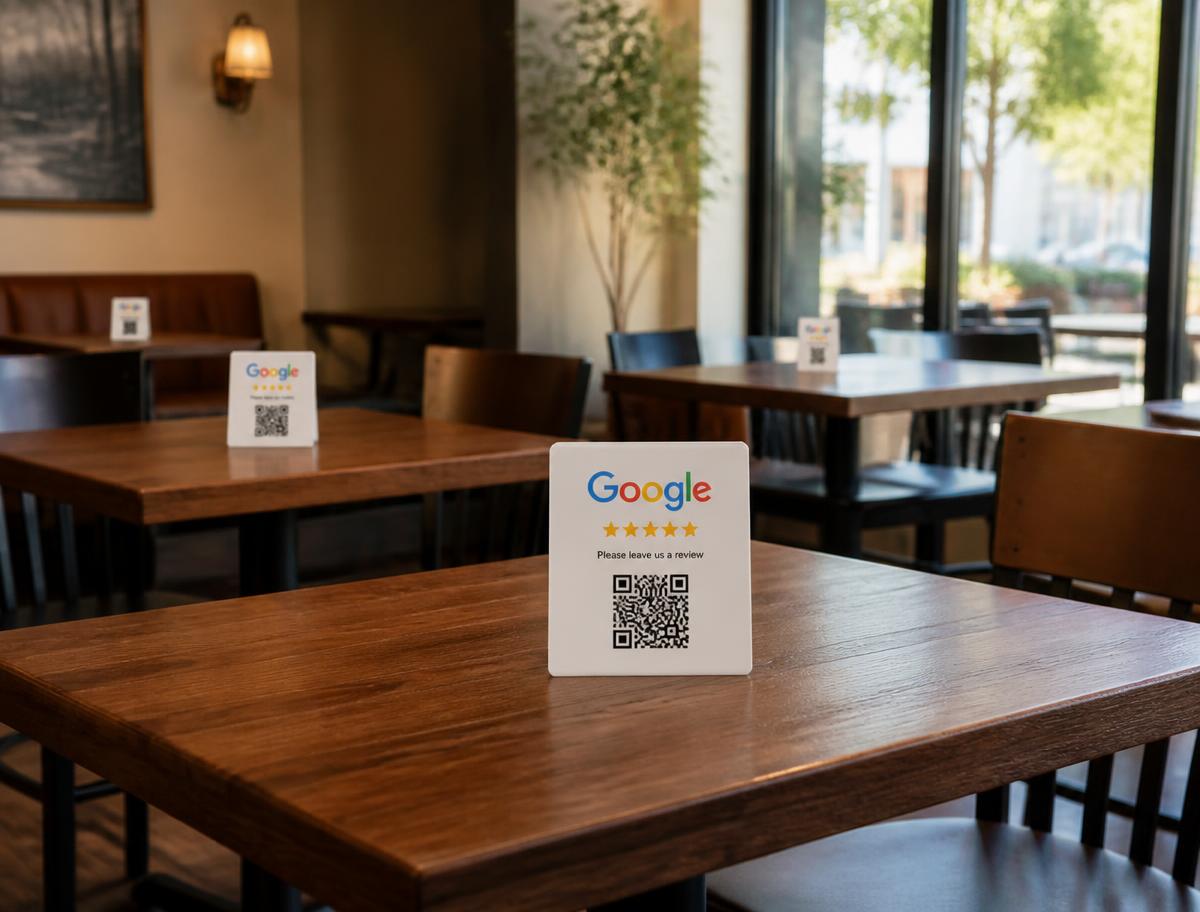 Revly Bewertungskarten auf jedem Tisch in einem Restaurant