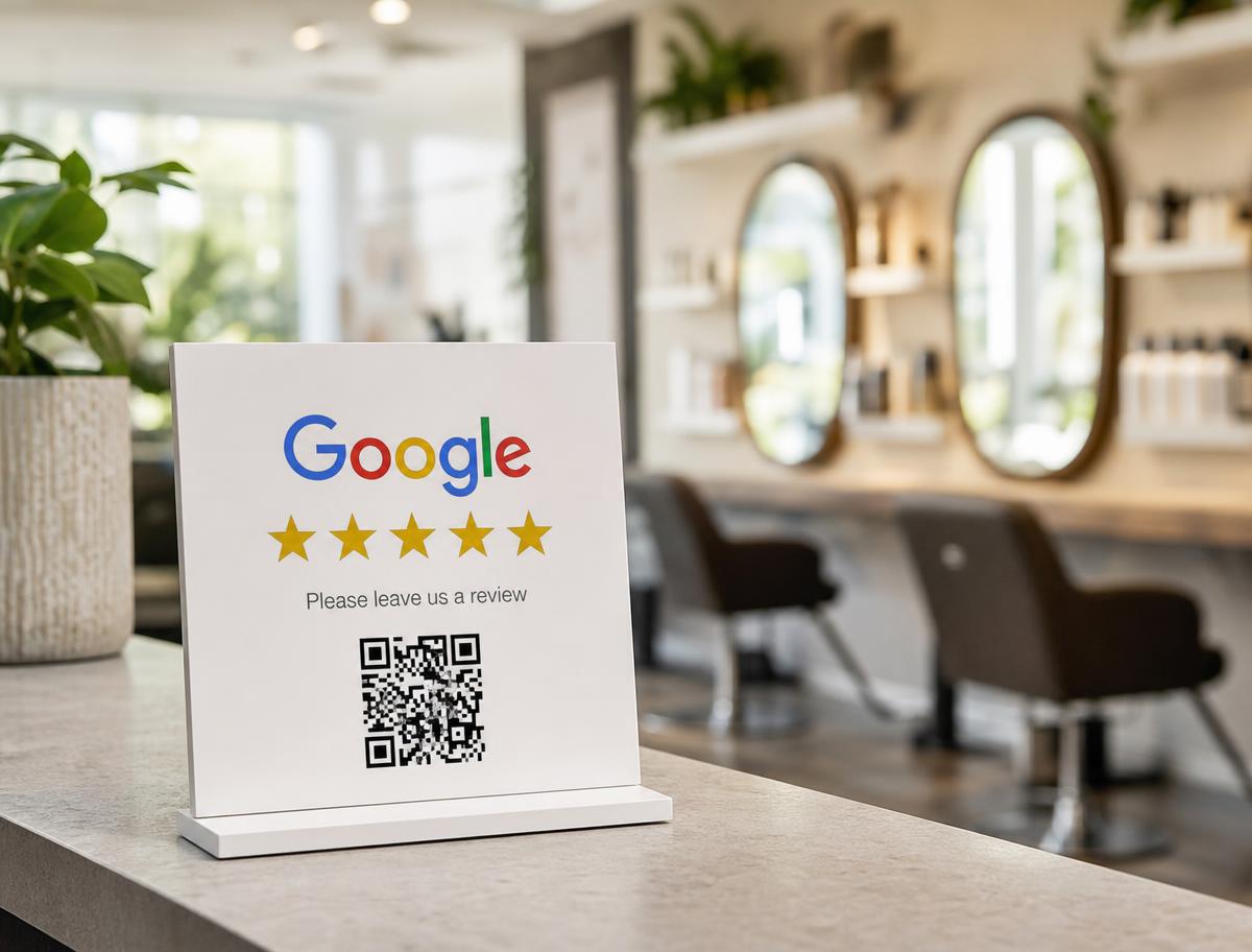 Bewertungskarte am Empfang eines Friseursalons