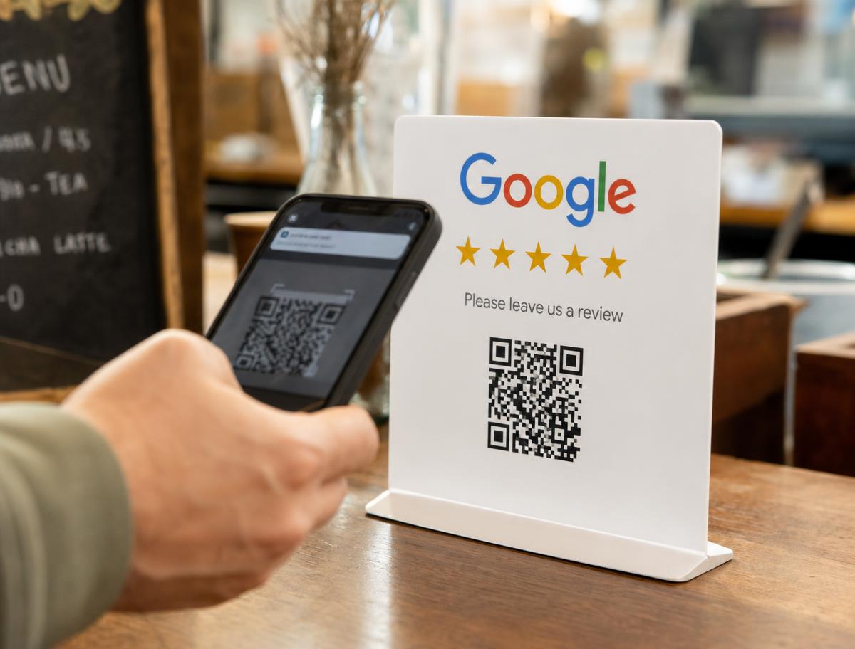 Kunde hält sein Handy an eine NFC Bewertungskarte